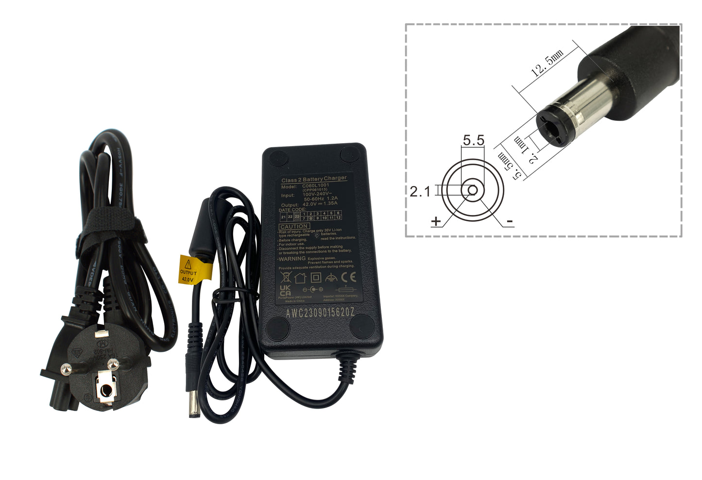 High-quality e-bike charger 36V 1.35A for batteries from Ansmann, Kalkhoff, Montana, Union, Victoria, Prophete, LLOBE and much more (DC 5.5?á2.1mm)